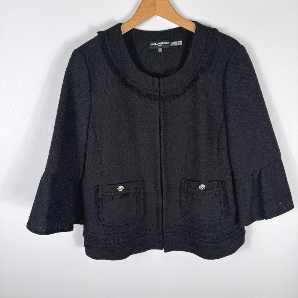 Karl Lagerfeld Paris Tweed‎ Fringe Bell Sleeve Jacket Womens Size 16 Black - Picture 5 of 8